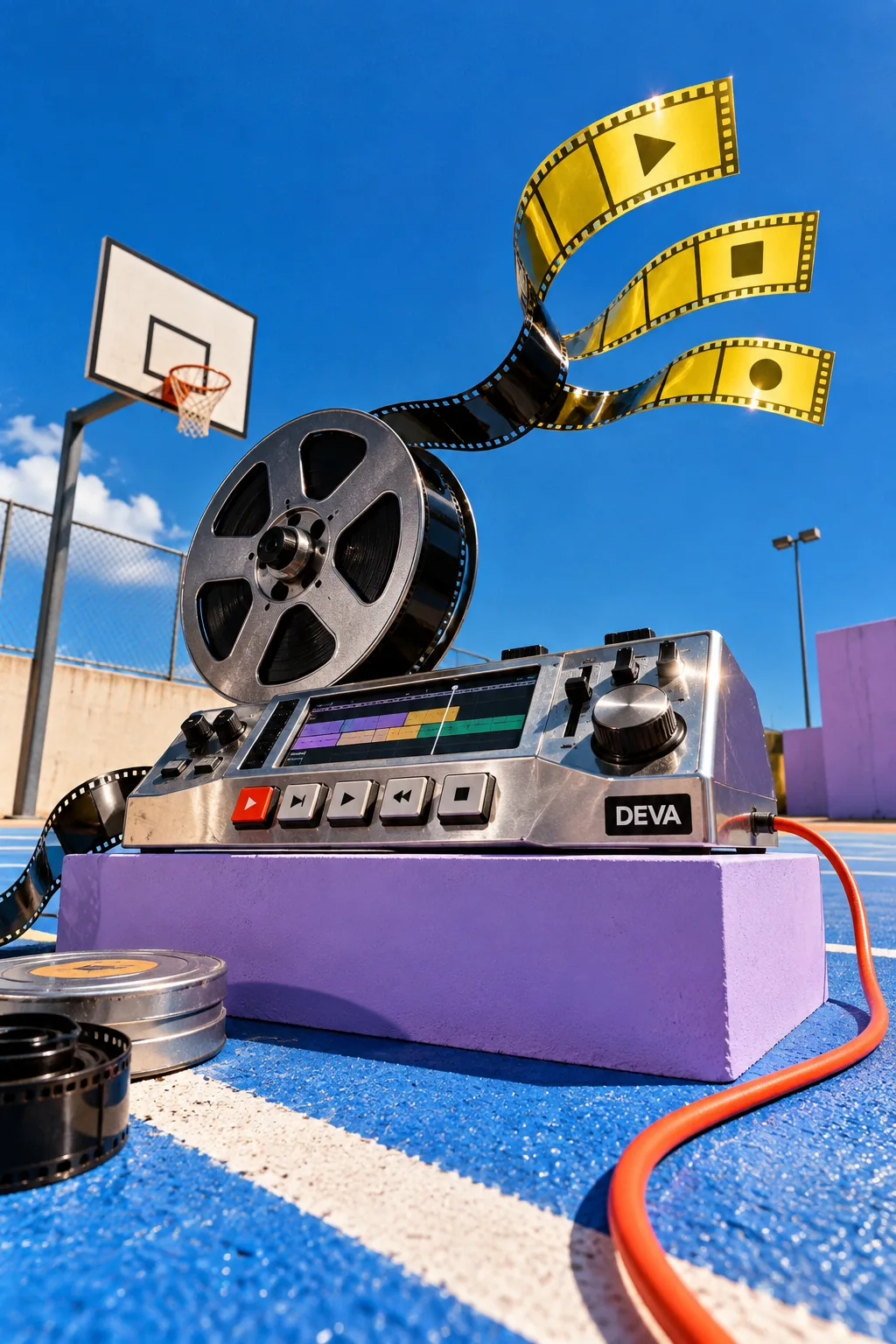 One film reel split into short clips on a video-editing deck